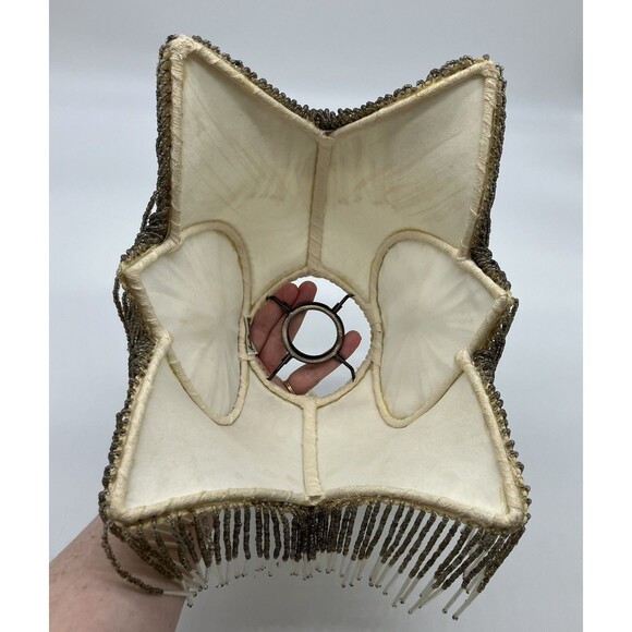 VTG Dale Tiffany Lamp Shade Cream Heart Glass Beaded Fringe Boudoir Romantic - Picture 8 of 16